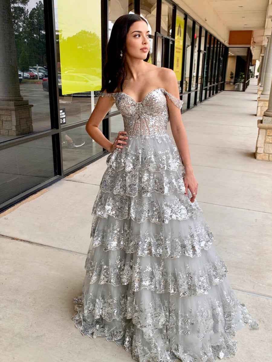 Off Shoulder Tiered Lace Prom Dress In Silver Gray With Sparkle