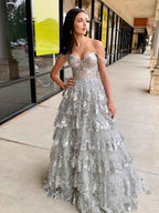 Off Shoulder Tiered Lace Prom Dress In Silver Gray With Sparkle