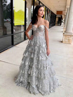 Off Shoulder Tiered Lace Prom Dress In Silver Gray With Sparkle