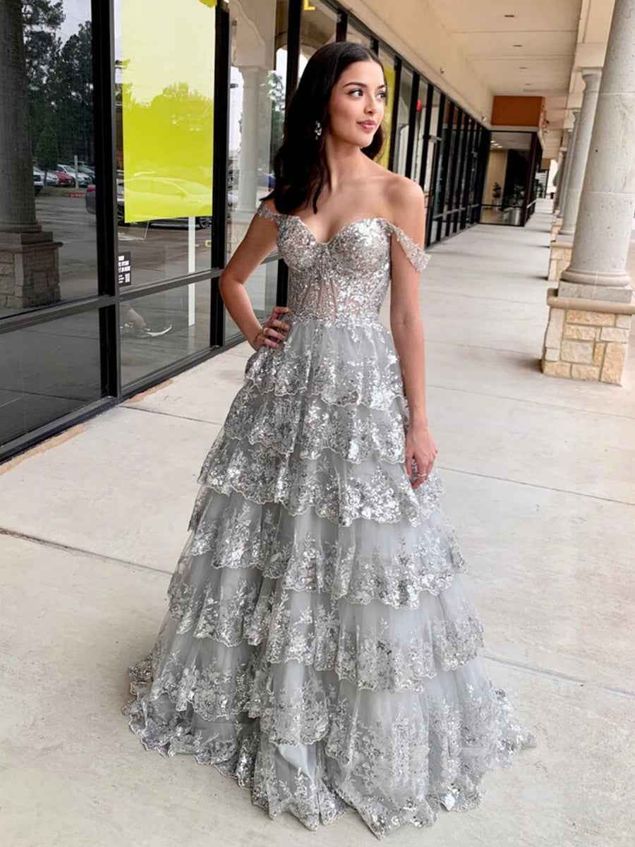 Off Shoulder Tiered Lace Prom Dress In Silver Gray With Sparkle