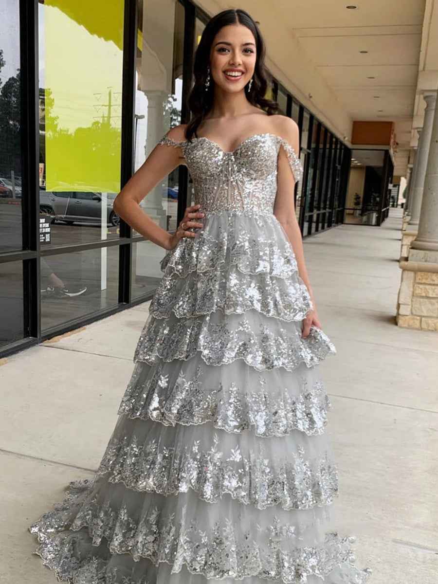 Off Shoulder Tiered Lace Prom Dress In Silver Gray With Sparkle