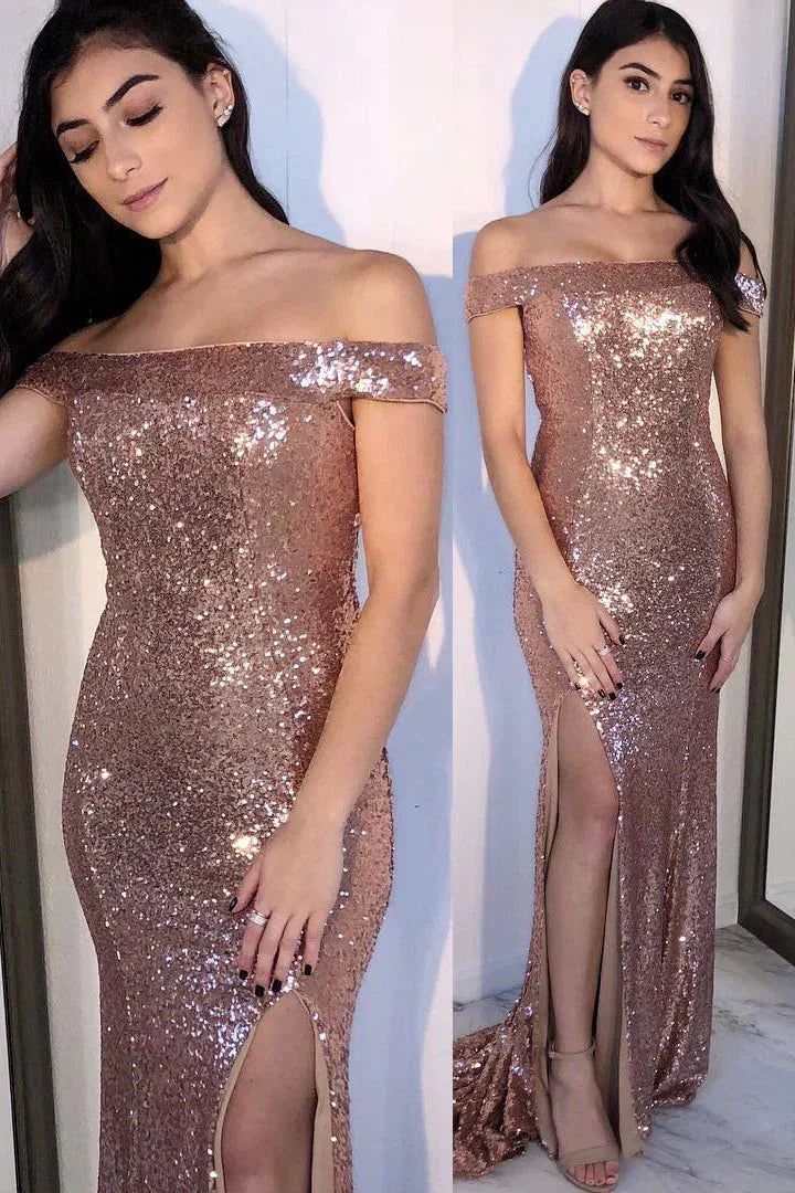 Abito da sera con spalle scoperte, paillettes color oro rosa e spacco SYP89