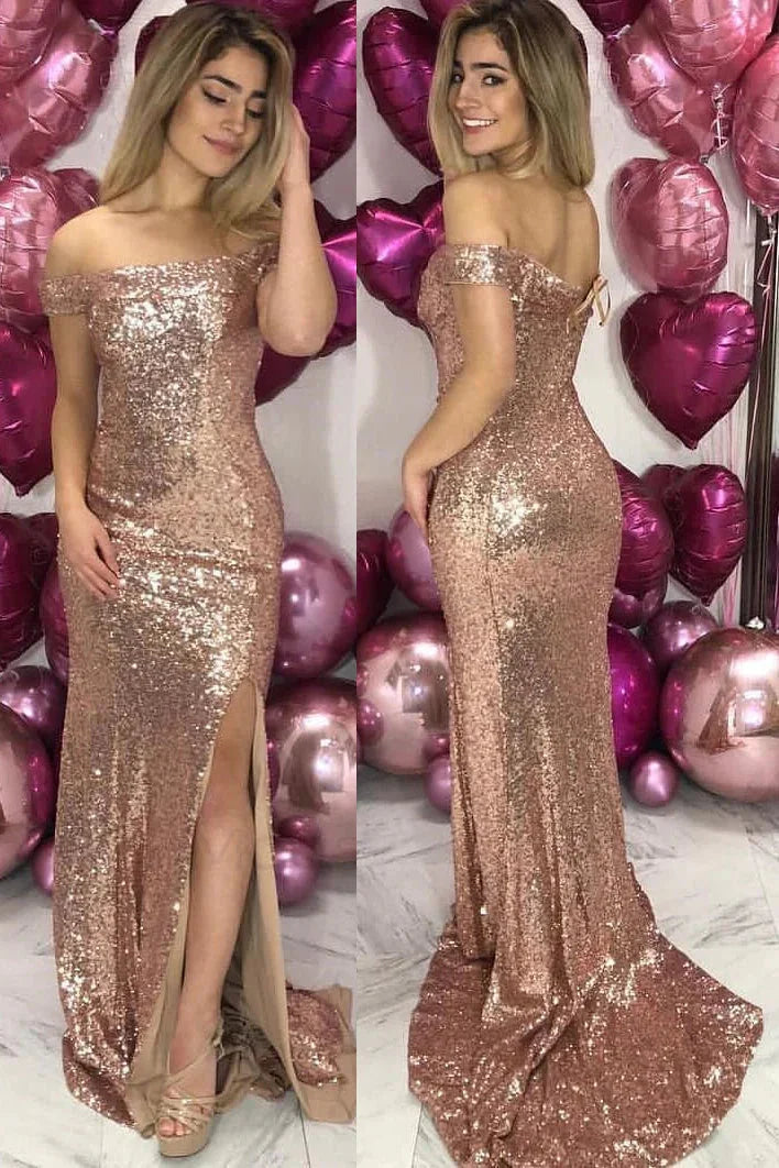 Abito da sera con spalle scoperte, paillettes color oro rosa e spacco SYP89