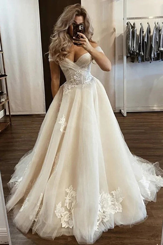 Off The Shoulder Helles Champagner Brautkleid Florales Brautkleid