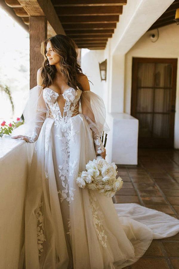 Off The Shoulder Long Sleeves Lace Appliques Bohemian Wedding Dress