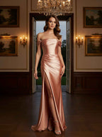 Off The Shoulder Stretch Pleated Satin Formal Evening Dress