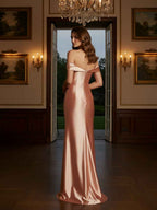 Off The Shoulder Stretch Pleated Satin Formal Evening Dress