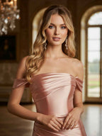 Off The Shoulder Pleated Satin Long Formal Dress Evening Gown