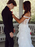 Off The Shoulder Lace Appliques Tiered Long Prom Dress