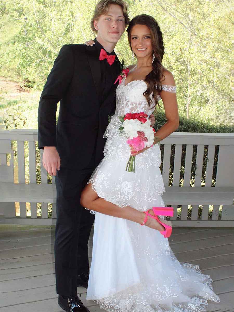Off The Shoulder Lace Appliques Tiered Long Prom Dress