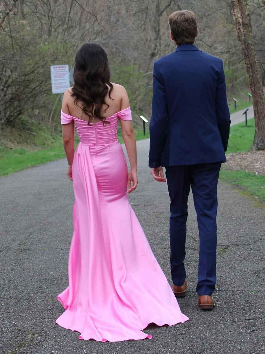 Off The Shoulder Ruched Long Prom Dress With Slit Elegant Design