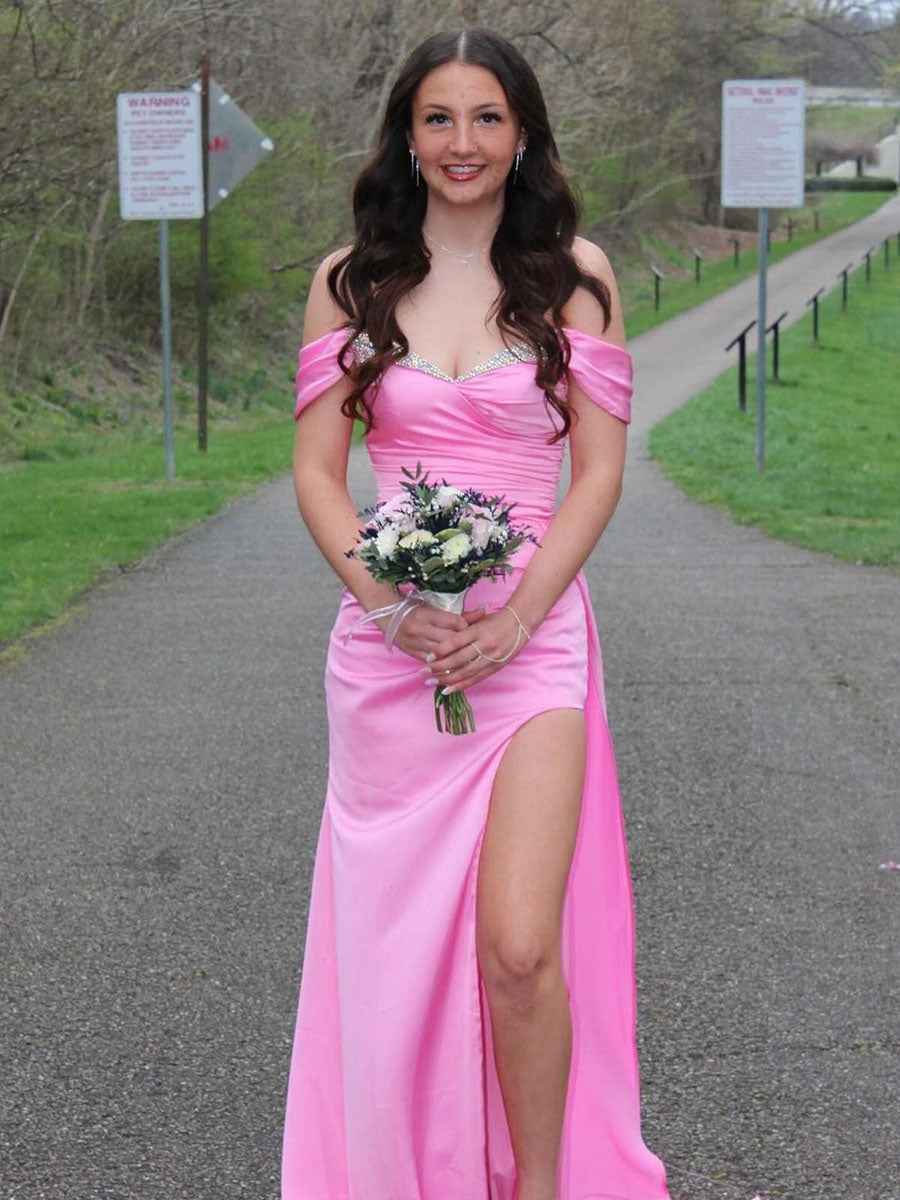Off The Shoulder Ruched Long Prom Dress With Slit Elegant Design