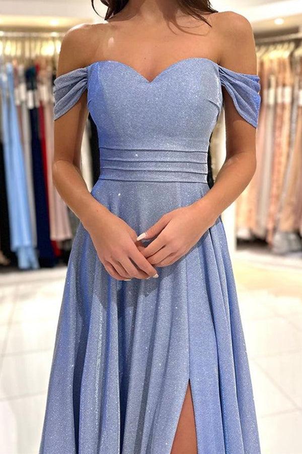 Off the Shoulder Shiny Blue Long Prom Dresses Formal Dress