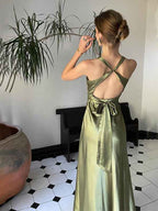 Teal Satin Halter Neck Sheath Evening Prom Dress Backless Bowknot