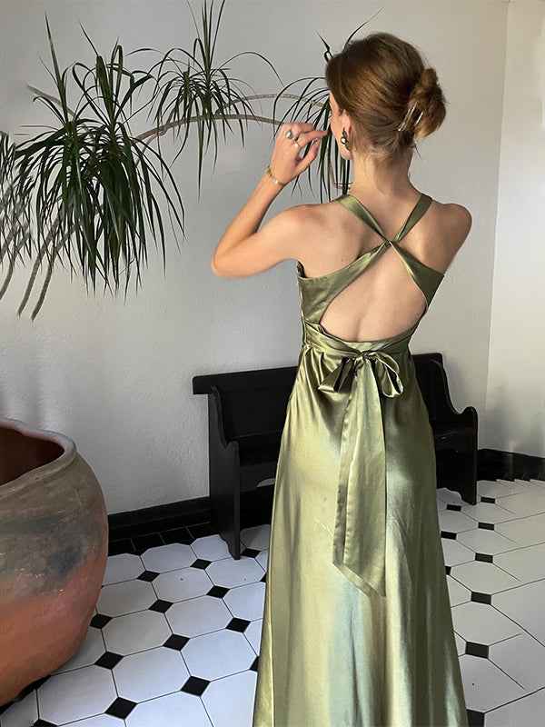 Teal Satin Halter Neck Sheath Evening Prom Dress Backless Bowknot