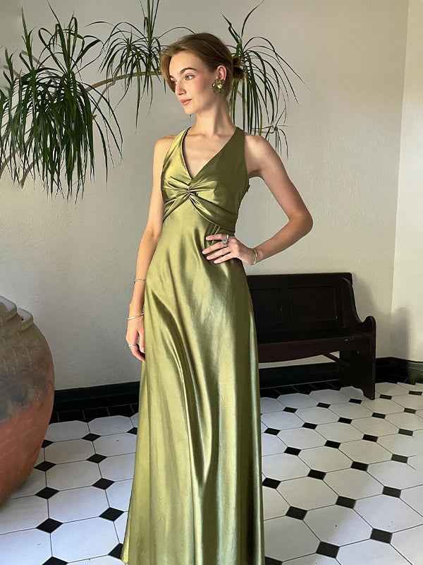 Teal Satin Halter Neck Sheath Evening Prom Dress Backless Bowknot