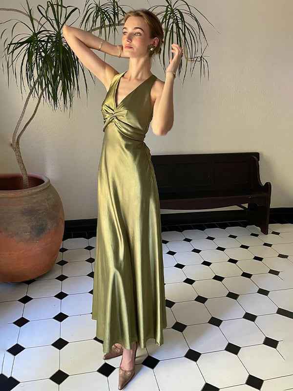 Teal Satin Halter Neck Sheath Evening Prom Dress Backless Bowknot
