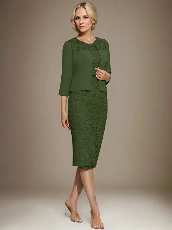 Robe de mère de la mariée en mousseline et dentelle, coupe fourreau/colonne, longueur genou, ornée de perles