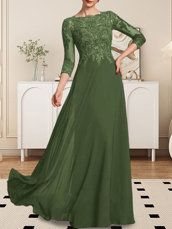 A-Linie U-Ausschnitt Bodenlang Spitzen-Chiffon-Kleid für die Brautmutter mit Pailletten