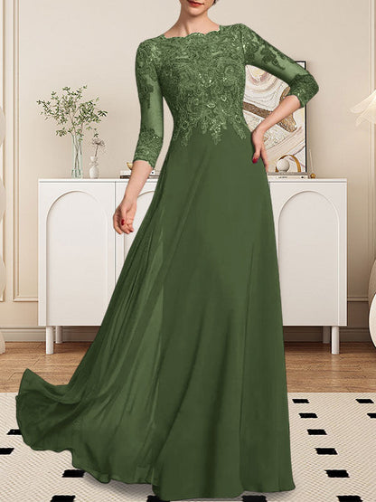 A-Linie U-Ausschnitt Bodenlang Spitzen-Chiffon-Kleid für die Brautmutter mit Pailletten