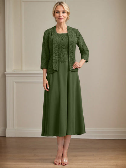 A-Linie U-Ausschnitt Wadenlang Chiffon-Kleid für die Brautmutter 