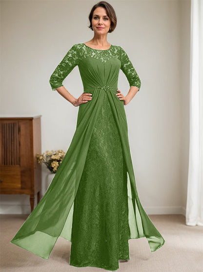 A-Linie U-Ausschnitt Illusion Bodenlang Spitzen Chiffon Mutter der Braut Kleid mit Perlenbesatz Rüschen 