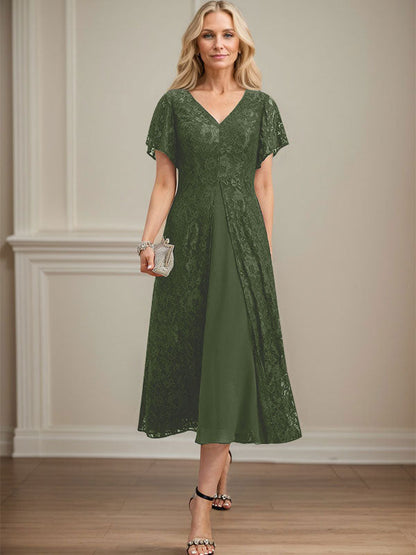 A-Linie V-Ausschnitt Wadenlanges Chiffon-Kleid für die Brautmutter 