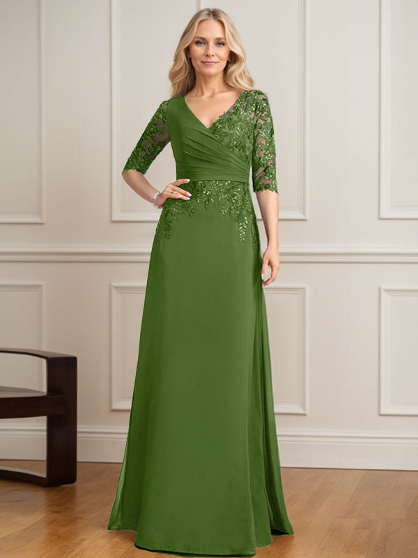 A-Linie, V-Ausschnitt, bodenlanges Spitzen-Chiffon-Kleid für die Brautmutter mit plissierten Pailletten 