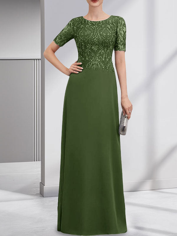 Robe de mère de la mariée en dentelle et mousseline, longueur au sol, en ligne A, décolleté en U, ornée de paillettes