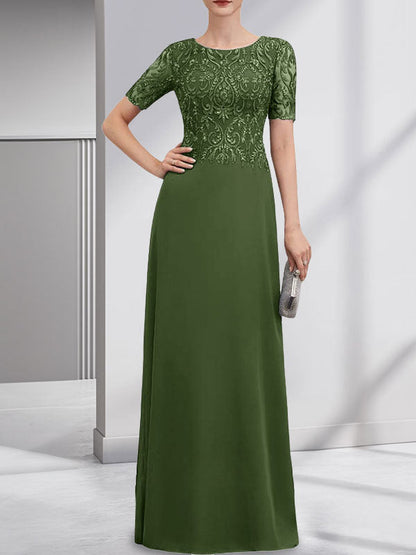 A-Linie U-Ausschnitt Bodenlang Spitzen-Chiffon-Kleid für die Brautmutter mit Pailletten