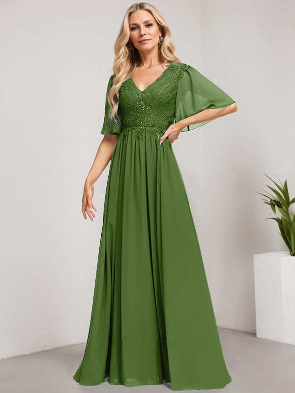 A-Linie V-Ausschnitt Bodenlanges Spitzen-Chiffon-Kleid für die Brautmutter mit Pailletten 