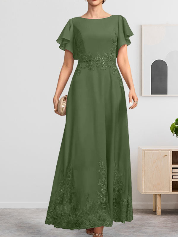 Robe de mère de la mariée en mousseline de soie à dentelle, longueur cheville, en forme trapèze avec décolleté arrondi et paillettes