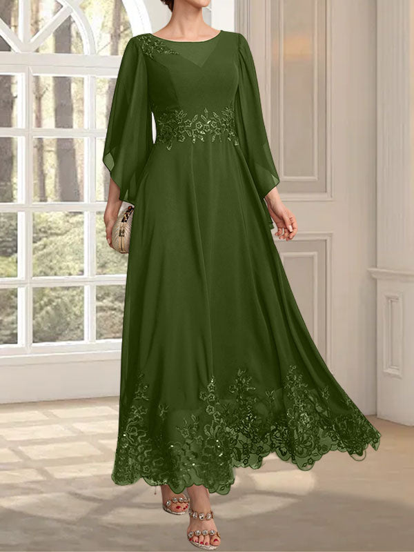 A-Linie, U-Ausschnitt, Illusion, knöchellang, Spitzen-Chiffon, Kleid für die Brautmutter mit Pailletten 
