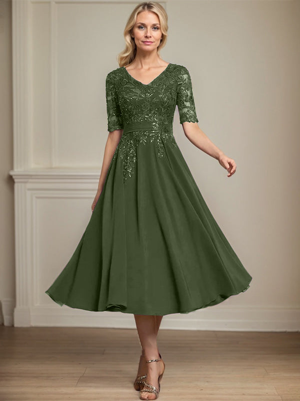 A-Linie V-Ausschnitt Wadenlanges Spitzen-Chiffon-Kleid für die Brautmutter mit Pailletten 