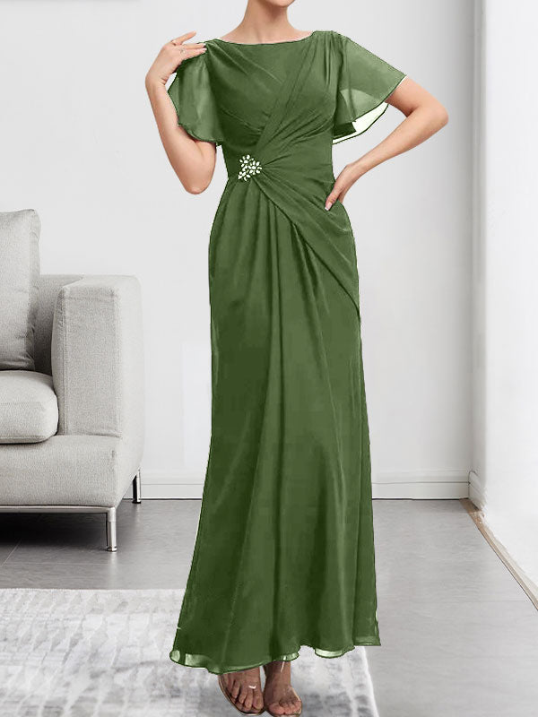 Robe de mère de la mariée en mousseline, longueur cheville, en ligne A, encolure dégagée, ornée de perles et plissée