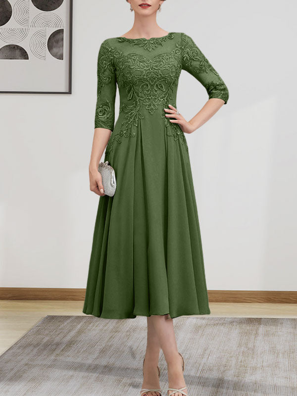 A-Linie, U-Ausschnitt, Illusion, knielang, Chiffon, Spitze, Kleid für die Brautmutter mit Perlen und Pailletten