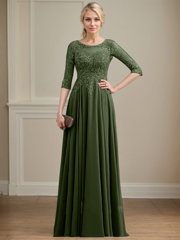 A-Linie, U-Ausschnitt, Illusion, bodenlanges Spitzen-Chiffon-Kleid für die Brautmutter mit Pailletten 