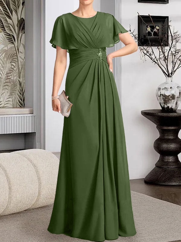 Robe de mère de la mariée en mousseline, longueur au sol, en ligne A, décolleté arrondi, ornée de perles plissées
