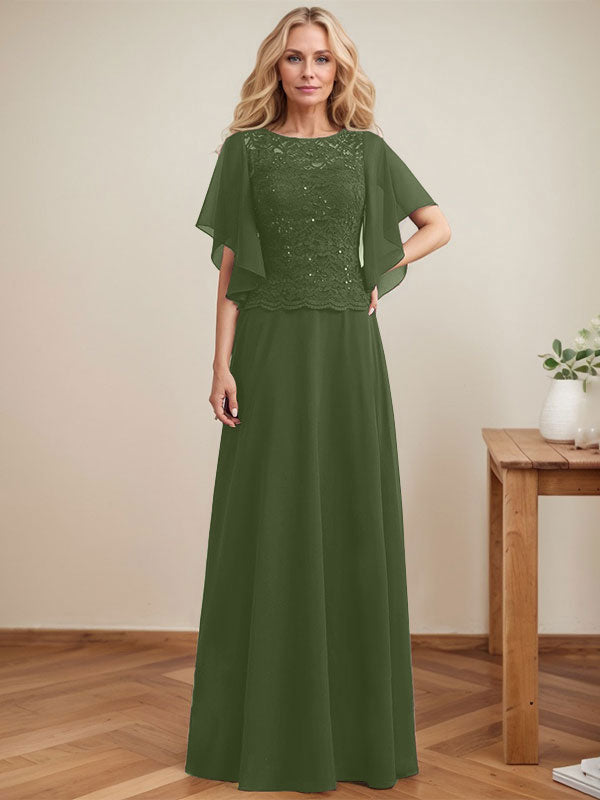 A-Linie, U-Ausschnitt, Illusion, bodenlanges Spitzen-Chiffon-Kleid für die Brautmutter mit Pailletten 