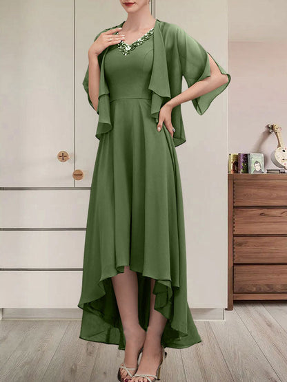 Vestido de gasa asimétrico para madre de la novia con escote en V, corte A y lentejuelas con abalorios