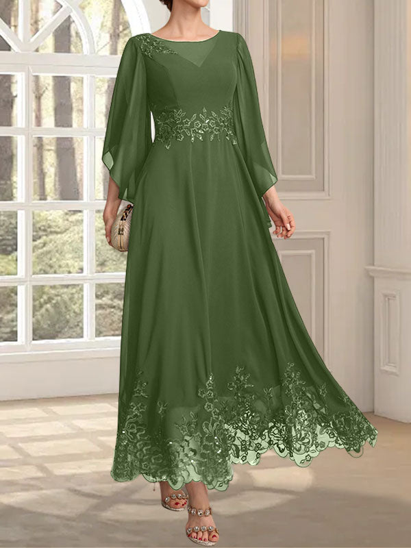A-Linie, U-Ausschnitt, Illusion, knöchellang, Spitzen-Chiffon, Kleid für die Brautmutter mit Pailletten 