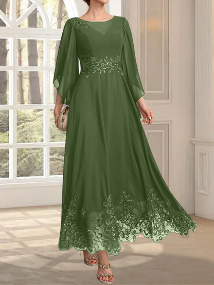 A-Linie, U-Ausschnitt, Illusion, knöchellang, Spitzen-Chiffon, Kleid für die Brautmutter mit Pailletten 
