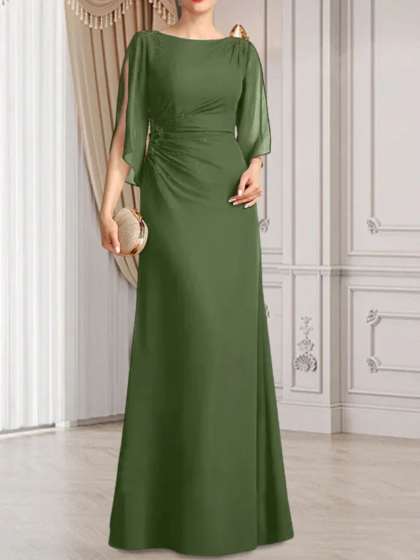 Vestido de madrina de novia de gasa largo hasta el suelo con corte columna y fajín plisado con cuentas