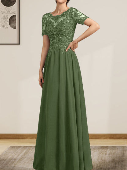A-Linie U-Ausschnitt Illusion Bodenlang Chiffon Spitze Mutter der Braut Kleid mit Pailletten Perlen