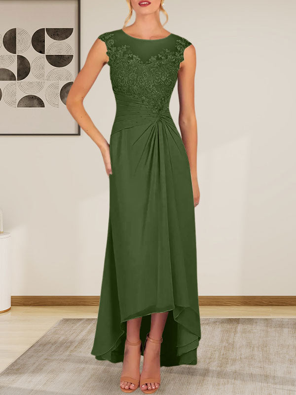 Champagne A-Line Scoop Lace Chiffon Dress