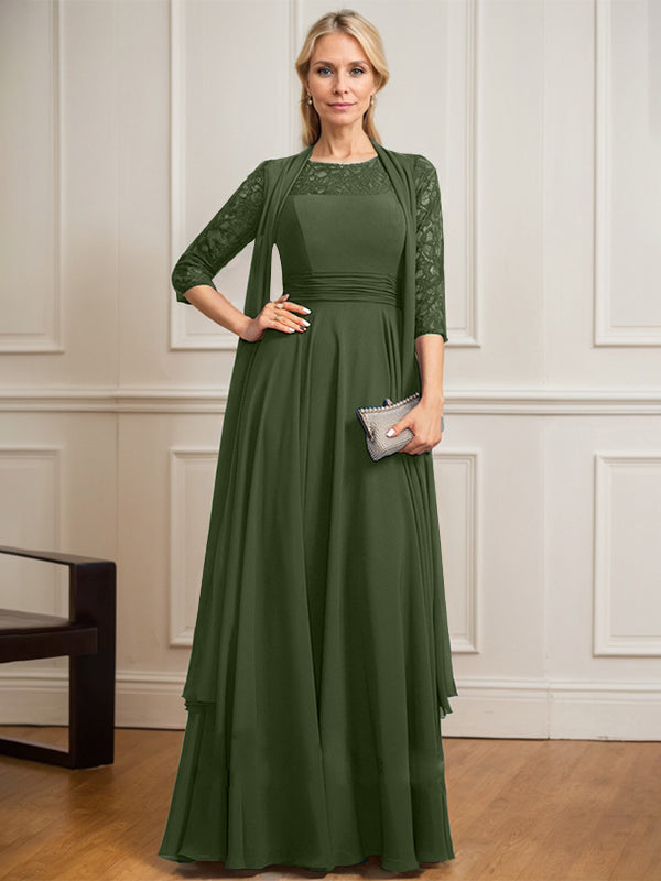 Robe de mère de la mariée en dentelle et mousseline, illusion à encolure dégagée, longueur au sol, coupe en A avec plis