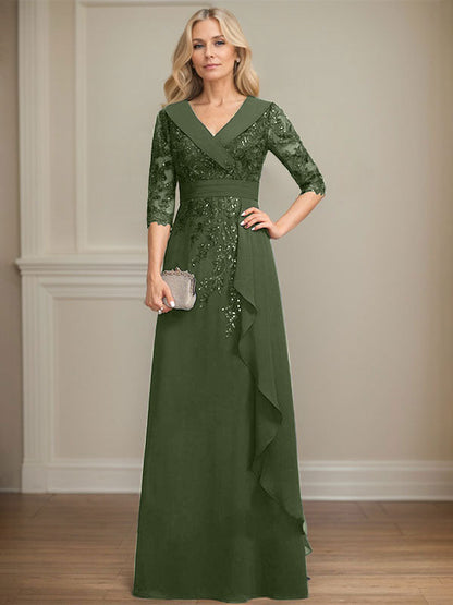 Vestido de madre de la novia de gasa con encaje, escote en V, corte A y largo hasta el suelo, con lentejuelas y volantes en cascada 