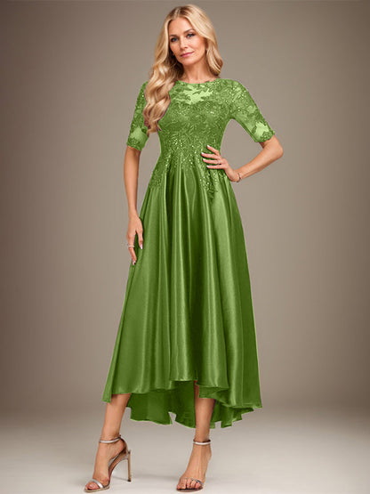 A-Linie, U-Ausschnitt, Illusion, asymmetrisch, Stretch-Satin, Spitze, Kleid für die Brautmutter mit Pailletten 