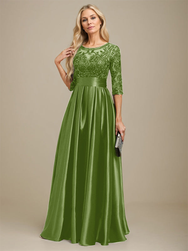 A-line Scoop Illusion Floor-Length Stretch Satin Lace Mother of the Bride Dress With Bow Sequins