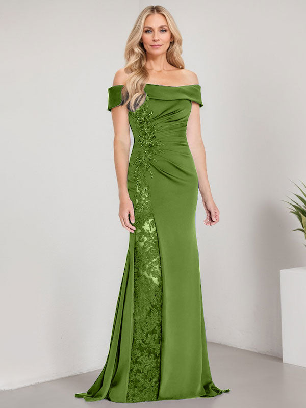 Robe de mère de la mariée longue jusqu'au sol, ligne A, épaules dénudées, appliques et perles, robe sirène avec fente haute